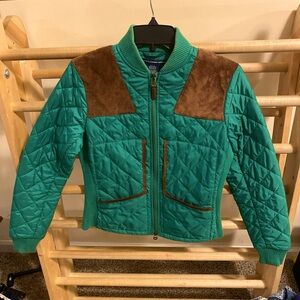 Ralph Lauren Sport Quilted Jacket equestrian, Green Suede Brown Trim Women S EUC